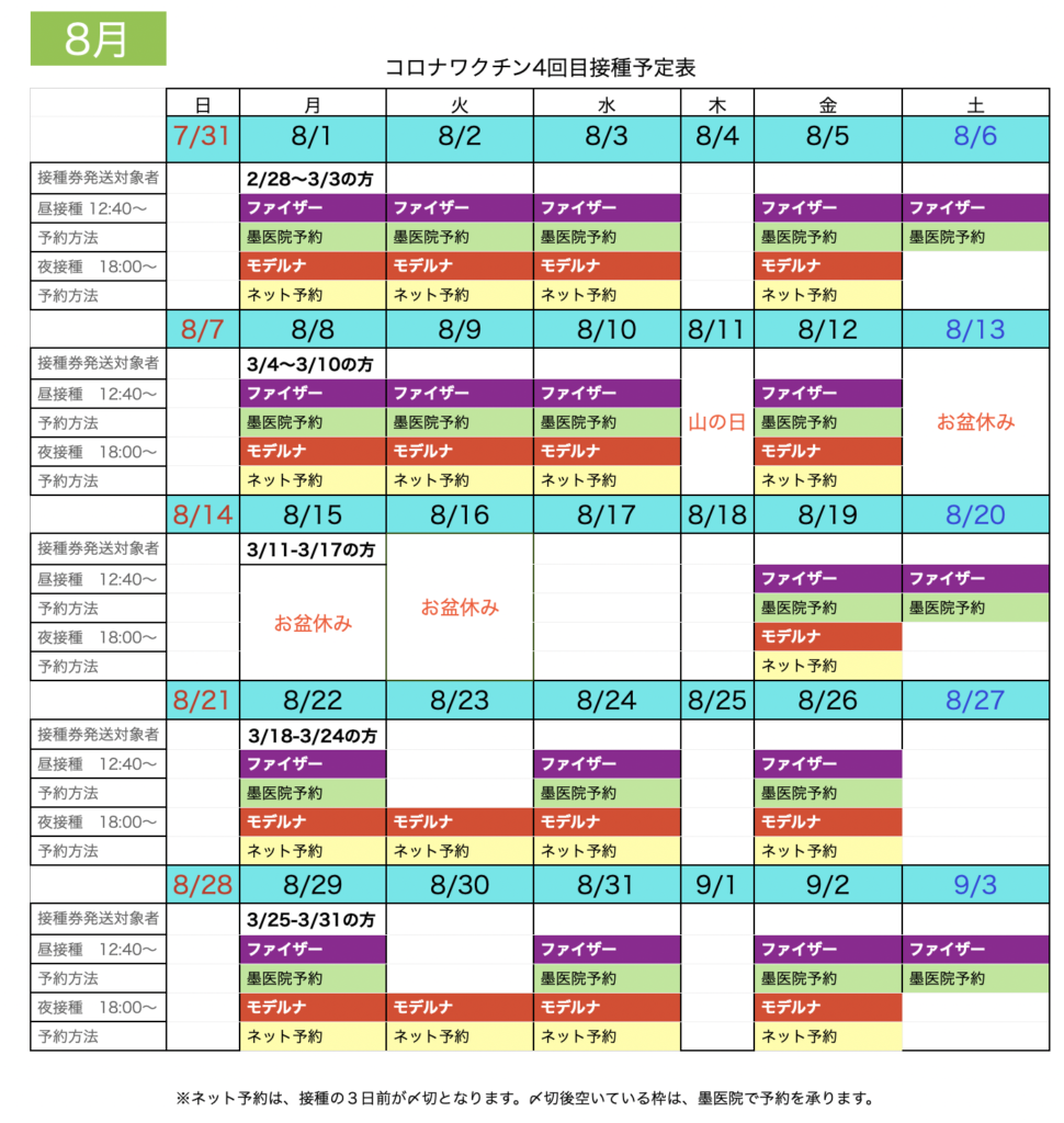 《8月分》コロナワクチンメーカー別接種カレンダー