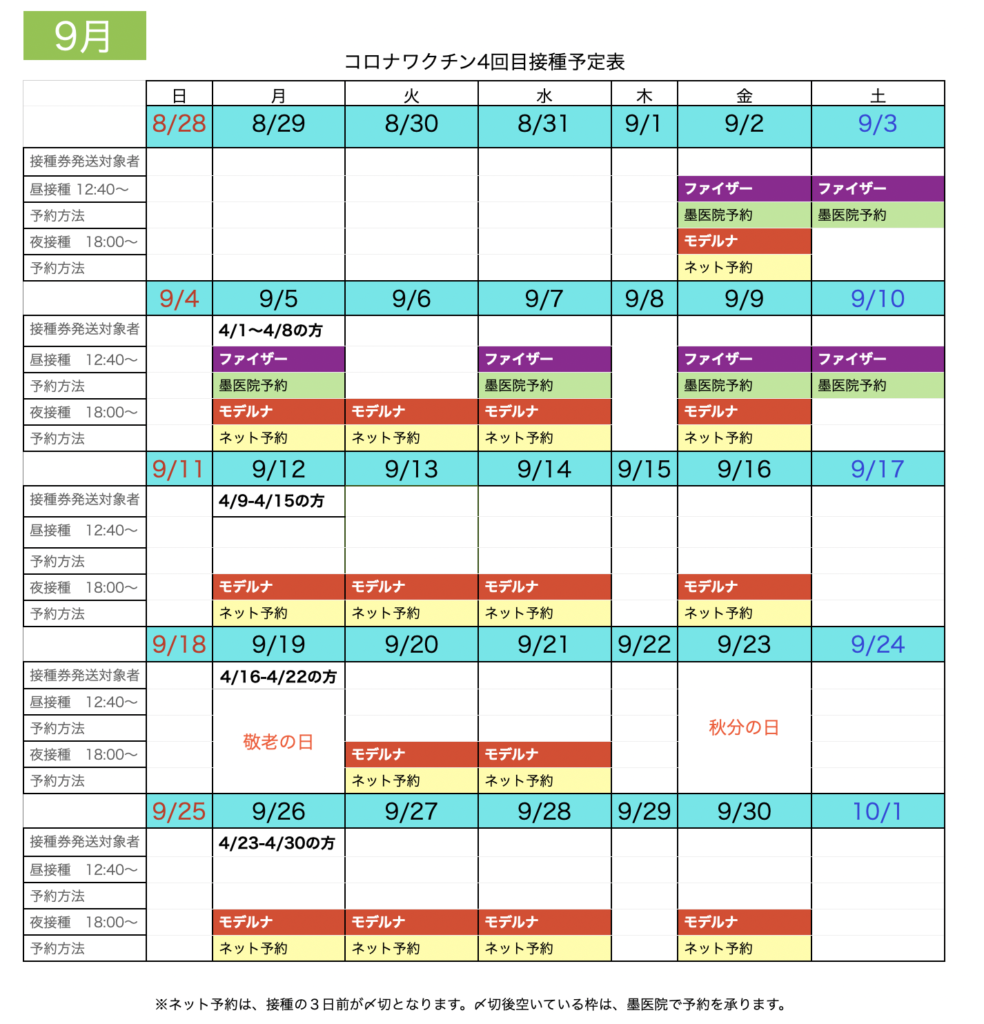 《９月分》コロナワクチンメーカー別接種カレンダー