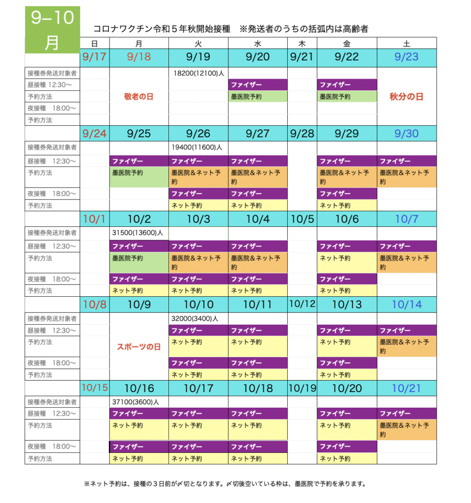 《2023年9月10月》コロナワクチン接種カレンダー