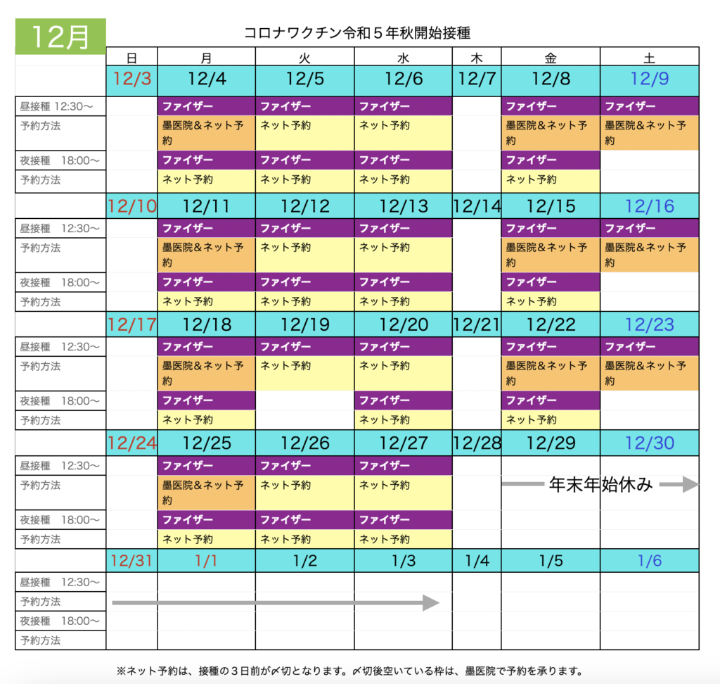 《2023年12月》コロナワクチン接種カレンダー